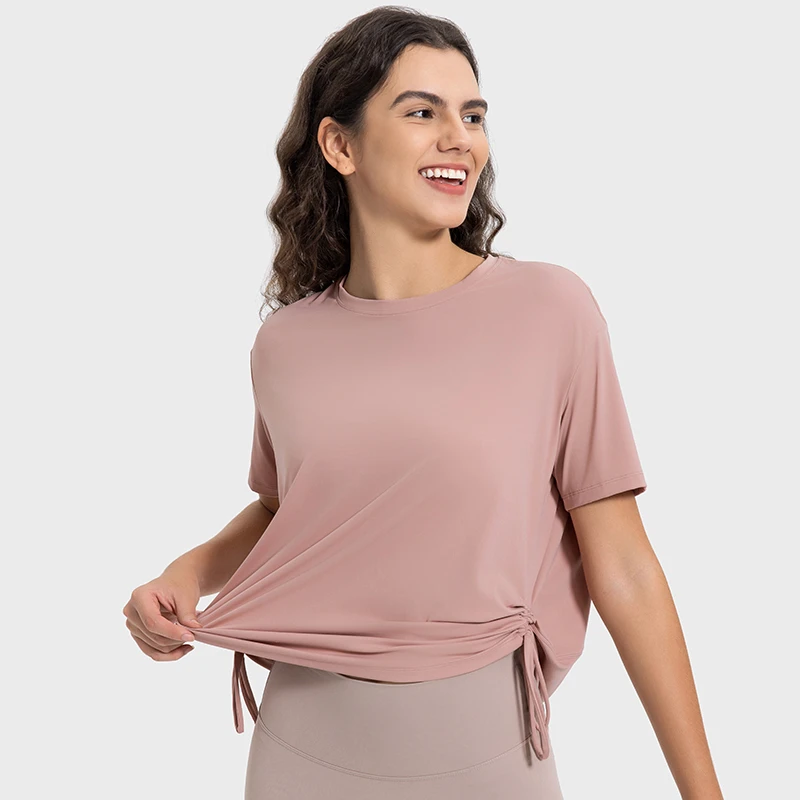 Womens YogaWorkout Short Sleeve Top FourWayStretch NylonSpandex Sweat Wicking Breathable Loose FitTee with Adjustable Waist Ties