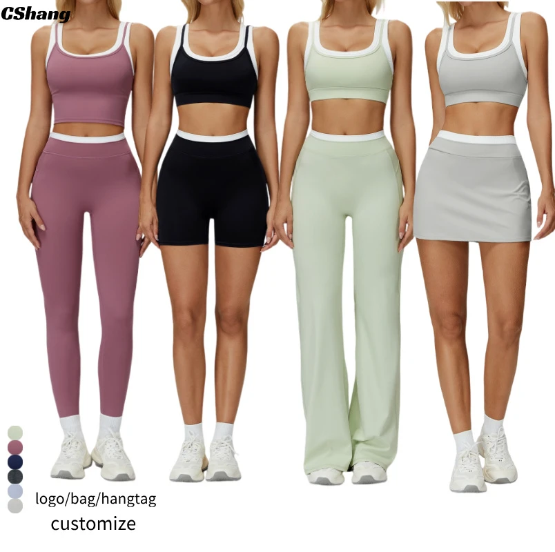 2026 New Quick Dry Breathable Active Stretch Sports Bra Fitness Shorts Yoga Leggings Skirt Front Logo 6-Piece Workout Sport Set