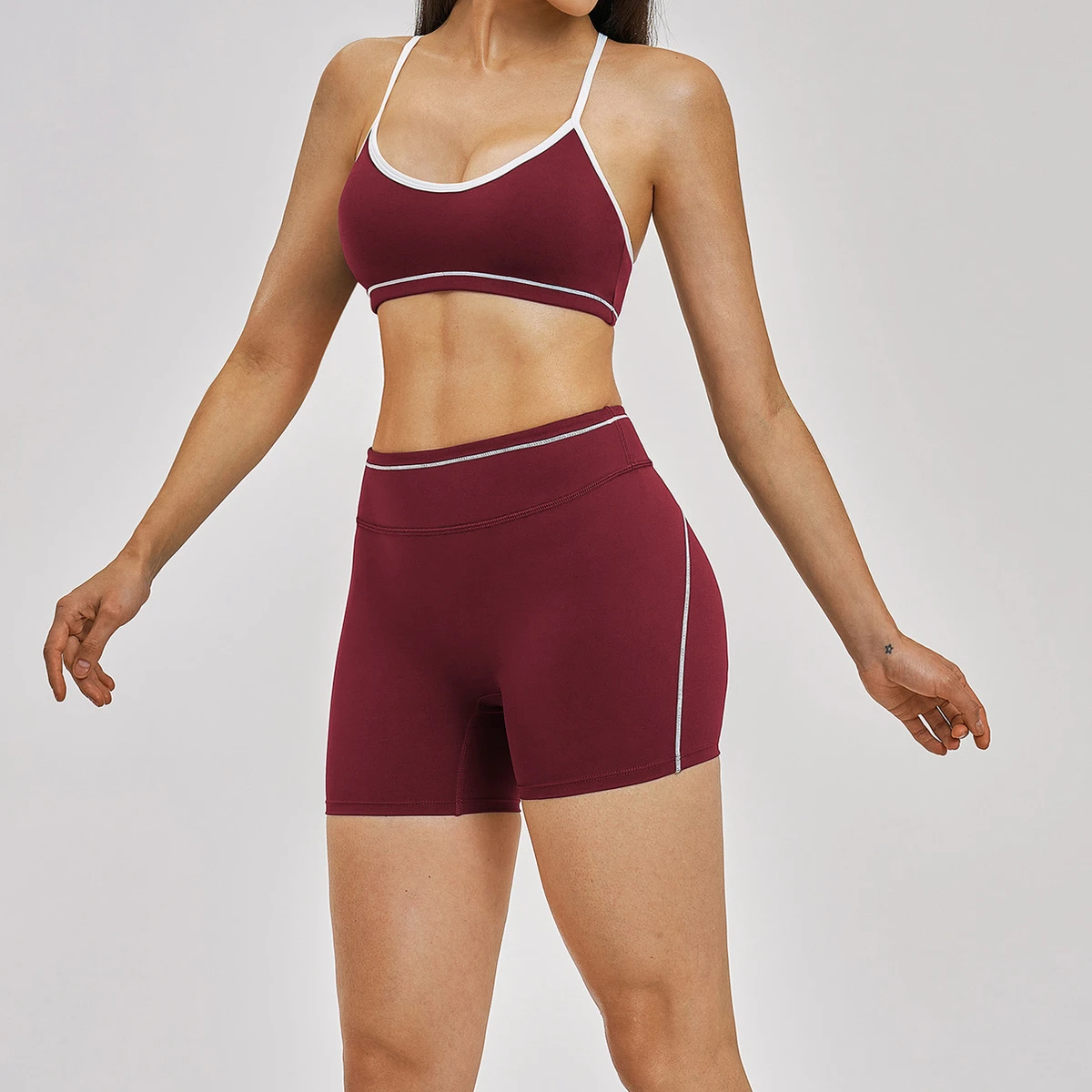New Women's 2 Piece Colorblock Yoga Set Crisscross Back Sports Bra & High Waist Biker Shorts Butt Lifting Gym Activewear