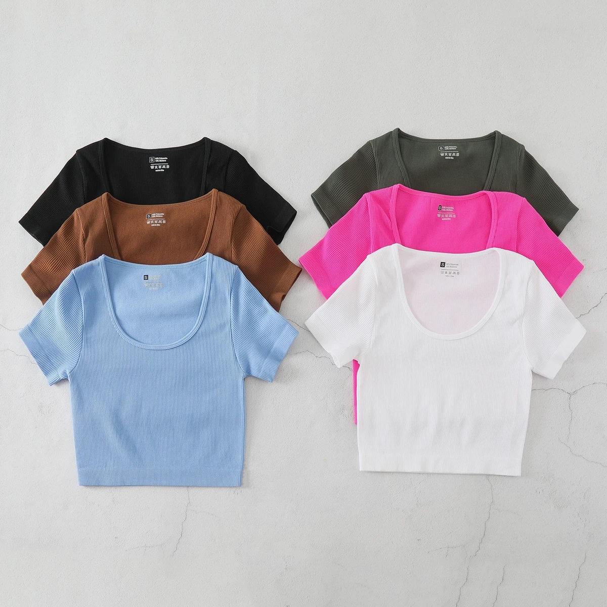 Summer Nylon Sports Top Cross-Border Popular Low Neck Short-Sleeved Yoga Top High-Elastic Quick-Drying Anti-Pilling Nude Knitted