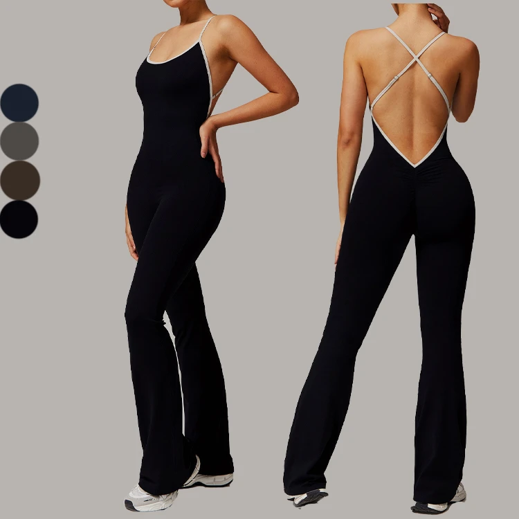 Tall Girls Friendly Adjustable Cross Strappy Womens Low Cut V Shape Scrunch Butt Sports One Piece Gym Flare Yoga Jumpsuit