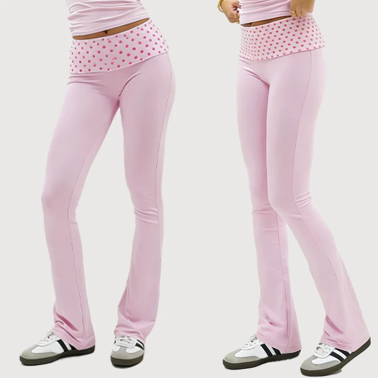 Pink Polka Soft Fold Over Flared Leg Workout Extended Yoga Pant Leisurewear Gym Fitness Yoga Legging for Women