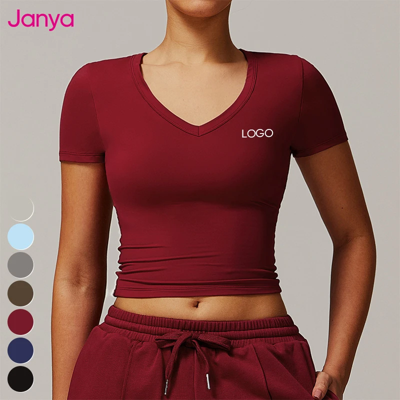 Janya Women's Double Layer V Neck Gym Fitness Top Quick Dry Breathable Slim Fit Running Yoga Shirt with Short Sleeves