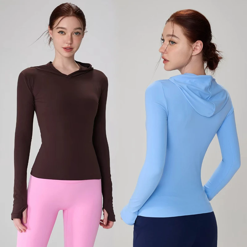 Active Four-Way Stretch Women's Sports Long Sleeve Top Hooded Thumb Hole Front Compression Yoga Top Sweat-Wicking Breathable