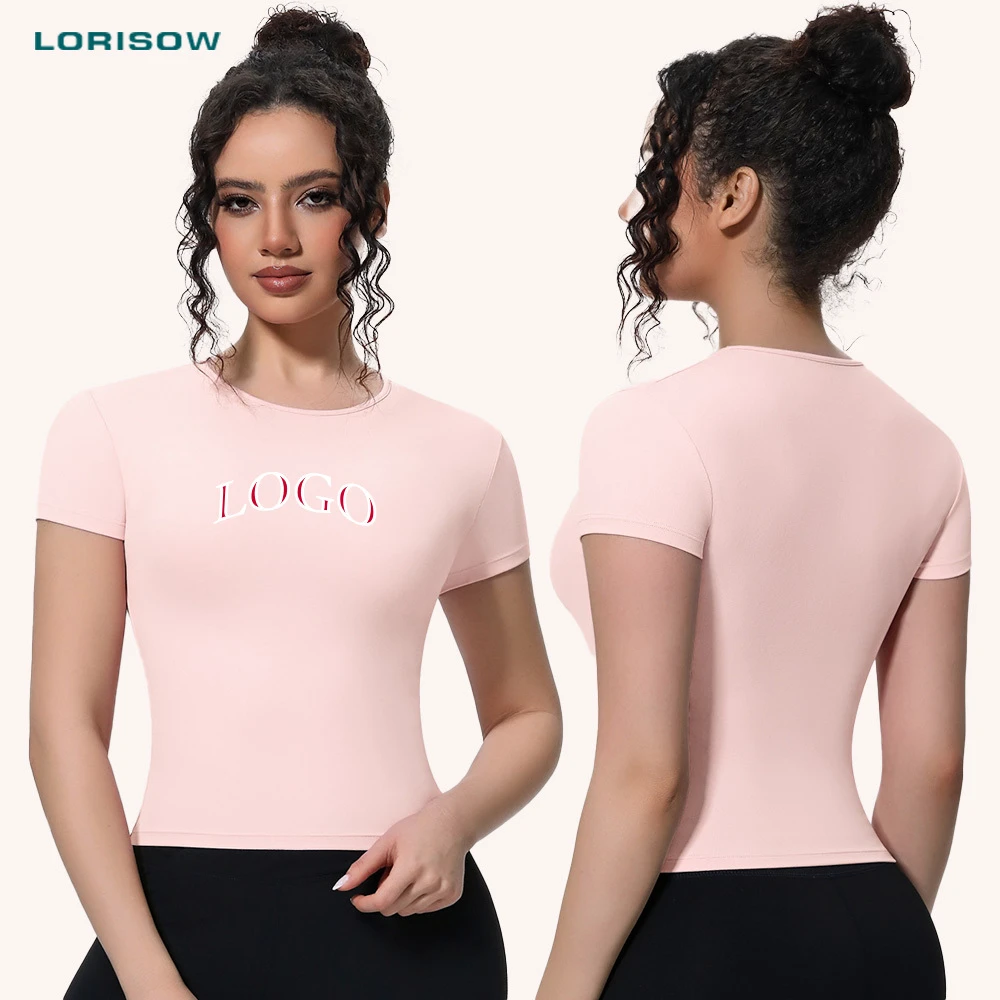 LORISOW Custom Logo Breathable Slim Fit Shirts for Women Sport Gym Yoga Pilates T-shirts Short Sleeve Crop Top