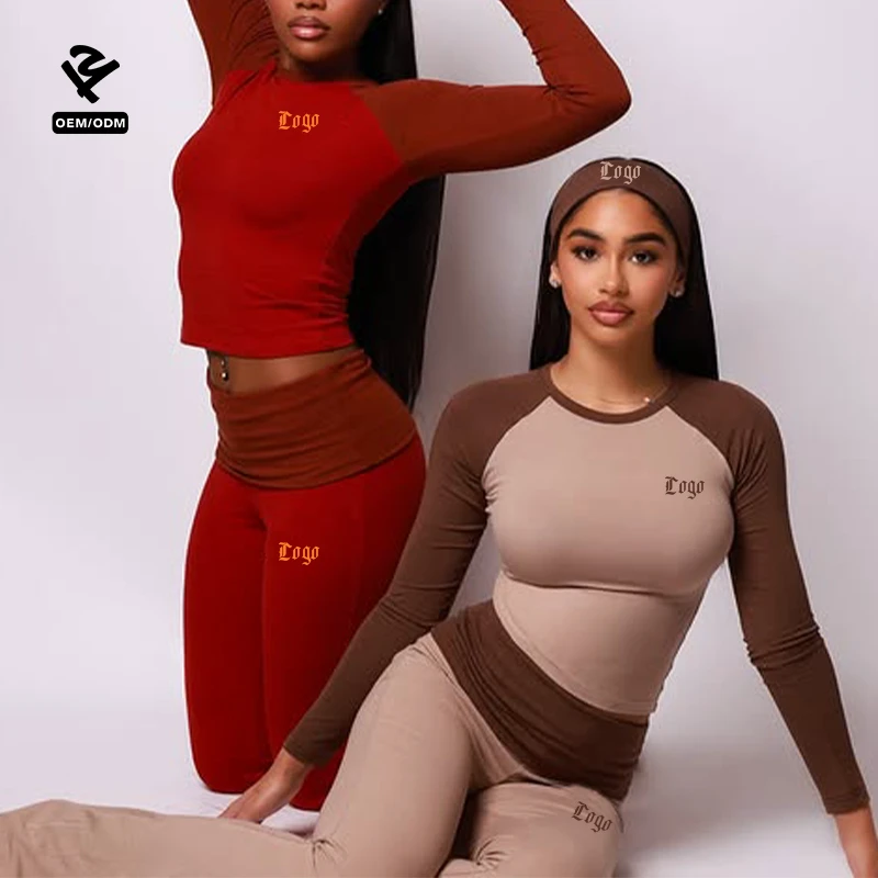 Custom Color Block Raglan Sleeve Crop Top Flare Pants Yoga Set Ribbed Activewear for Women Two Piece Loungewear Workout Suit