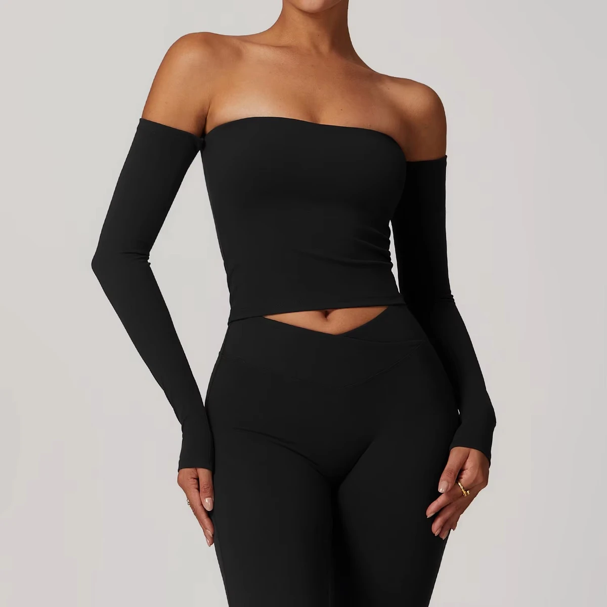 Customized Stretchy Women's Athletic Fitness Slim Fit Open Back Long Sleeve Crop Top Off Shoulder Gym Yoga Workout Tube Tops