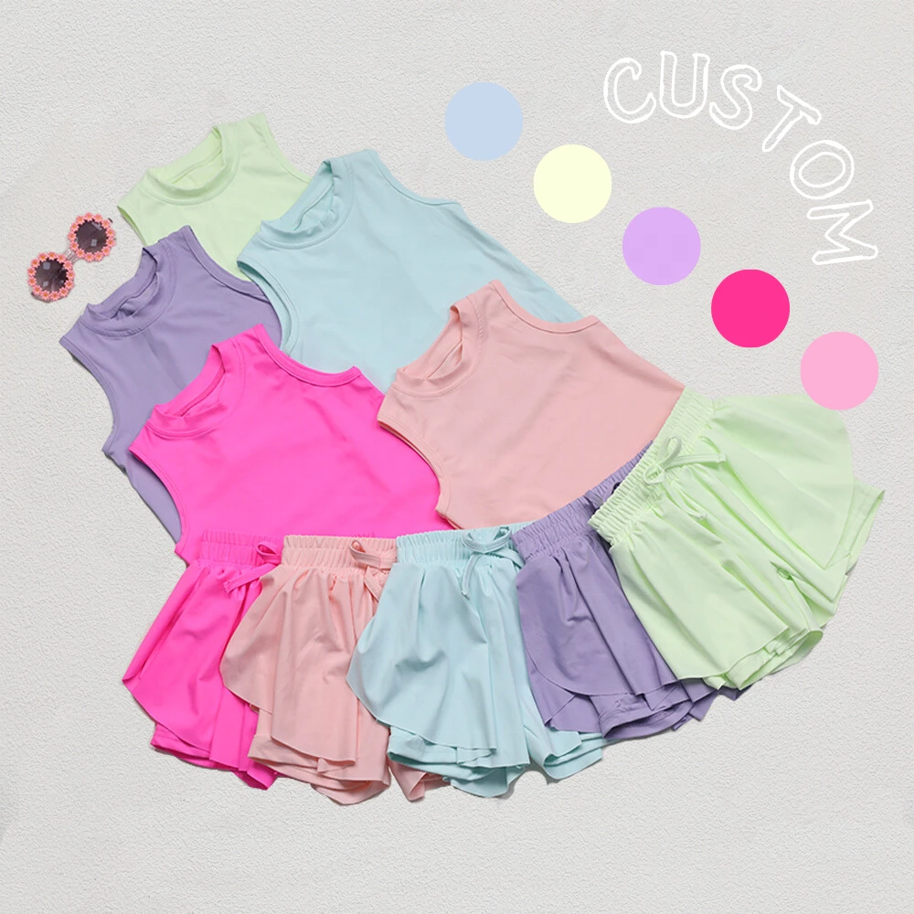KERUI Girls Sports Sleeveless Nylon Vest Shorts Set Active Wear Kids Custom Colours Sportswear Suit Girls Summer Yoga Sets