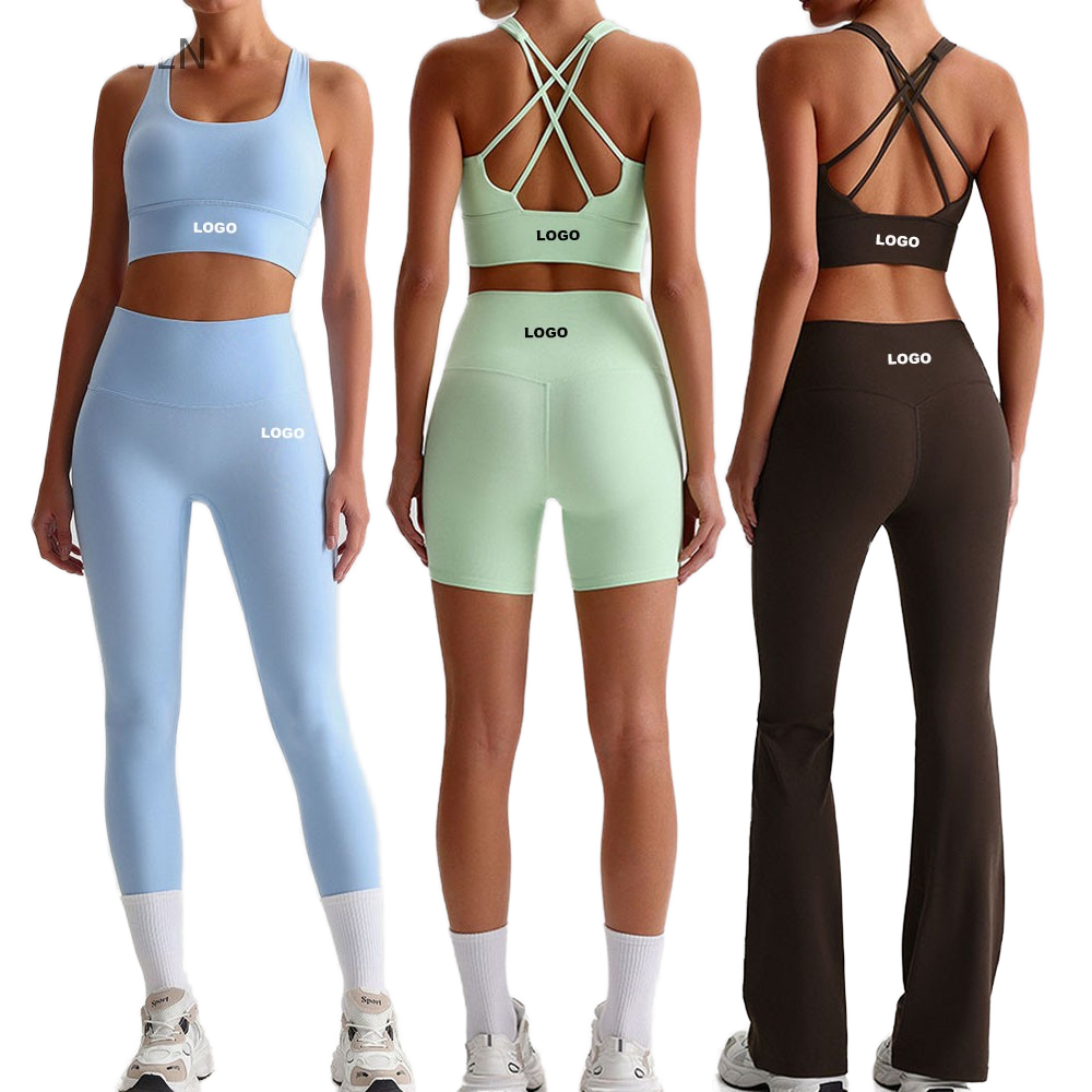 Nude Solid Lace Super Soft Butter Feeling Yoga Leggings Sports Bra 4-Piece Set Breathable Flare Pants Fitness Training
