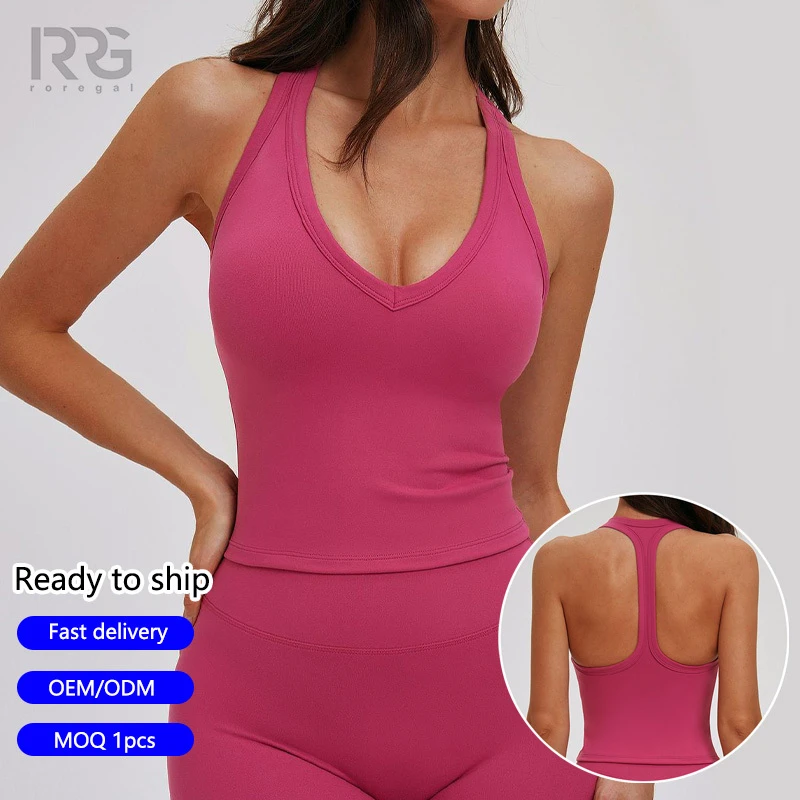 Roregal Outdoor Workouts Running Gym Women's High-Support V Neck Yoga Tank Top with Removable Pads