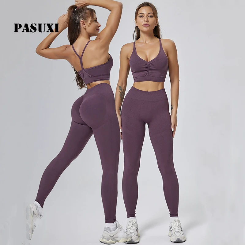 PASUXI New Peach Butt Lifting High Waisted Yoga Set For Women Solid Breathable Workout Clothes Padded Bra Tight Leggings