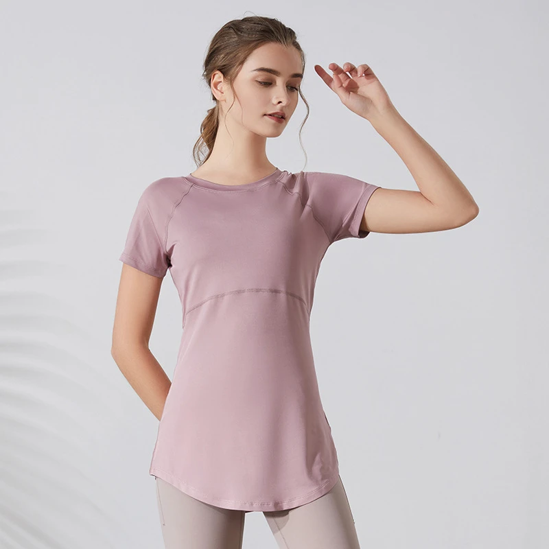 New Women Breathable Mesh Back Hollow Loose Hip Length Yoga Top Quick Dry Short Sleeve Running Fitness Sports T-shirt