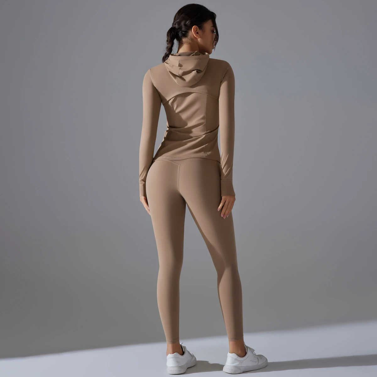 New Long-Sleeved Solid Pattern Sports Jacket Yoga Leggings Hooded Running Pants Fitness Clothes with Zipper 2Pcs Sports Sets