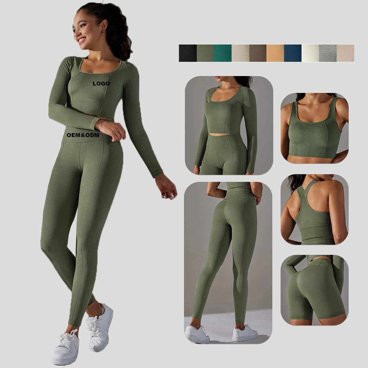 Seamless 5-Piece Women's Long Sleeve Crop Top Gym Workout Fitness Sports Compression Top Sets with Elastic Waist Breathable