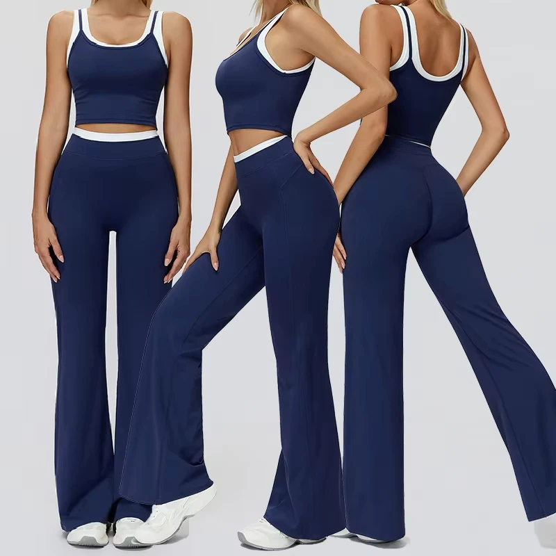 Summer Fashion Women Yoga Sports Set, Quick-drying High-waisted Wide-leg Pants Slim Fit Sportswear 2-Piece