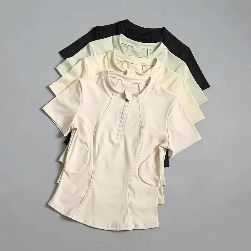Women's Casual Short Sleeve Yoga Top Slim-Fit Half-Zip Quick-Dry T-Shirt for Summer Running Breathable Logo Solid Eco-Friendly