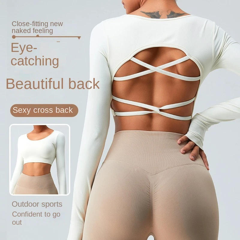 Women's New Long Sleeve Seamless Yoga Top Sexy Backless Cross Beauty Back Quick-Drying Sports Fitness Sport Bra for Outdoor