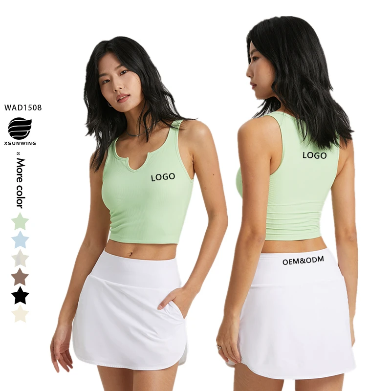 Xsunwing Crop Tank Tops Women Seamless Ribbed Round High Neck Workout Top Casual Yoga Gym Vest Sports Bra High Impact WAD1508