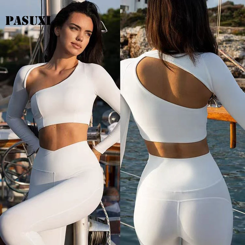 PASUXI New Women's High Elastic Off-Shoulder Yoga Top with Shockproof Chest Pad Long Sleeve Fitness Dance Wear in Nude Color