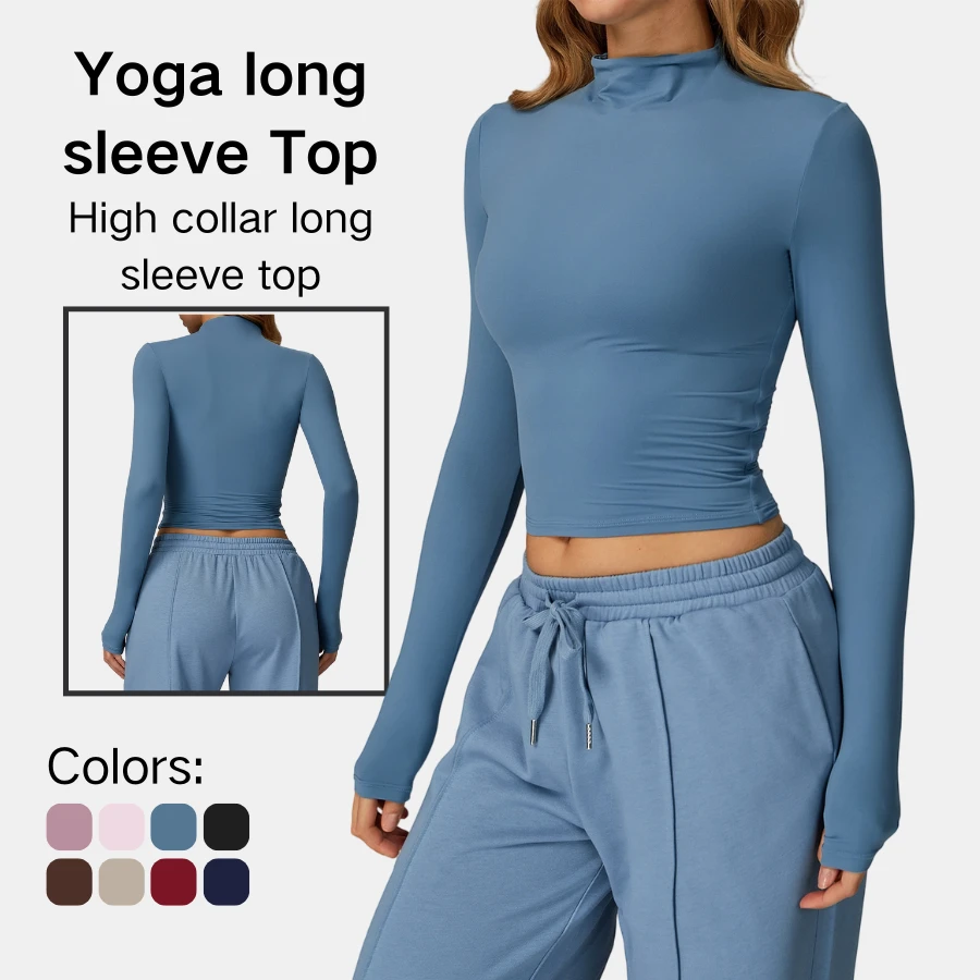 Women's High Neck Slim Fit Long Sleeve Cropped Yoga Top and Extended Hem Brushed Nylon Spandex for Fitness