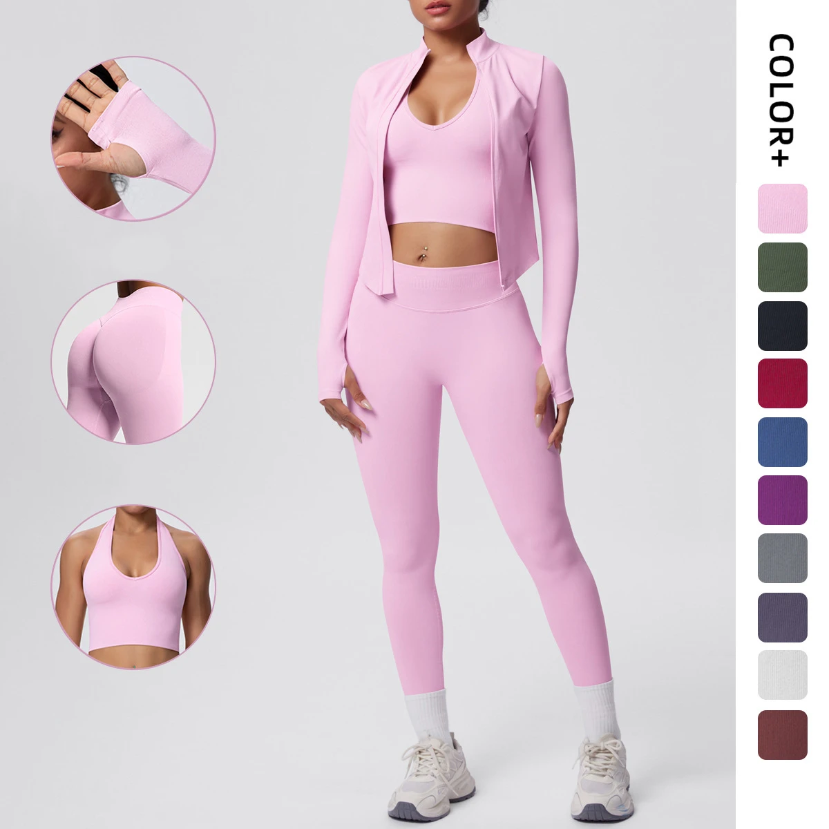 Seamless Yoga Set 3 Piece Women Workout Clothes High Waist Leggings Shorts Sports Bra Zip Jacket Solid Gym Wear Fitness