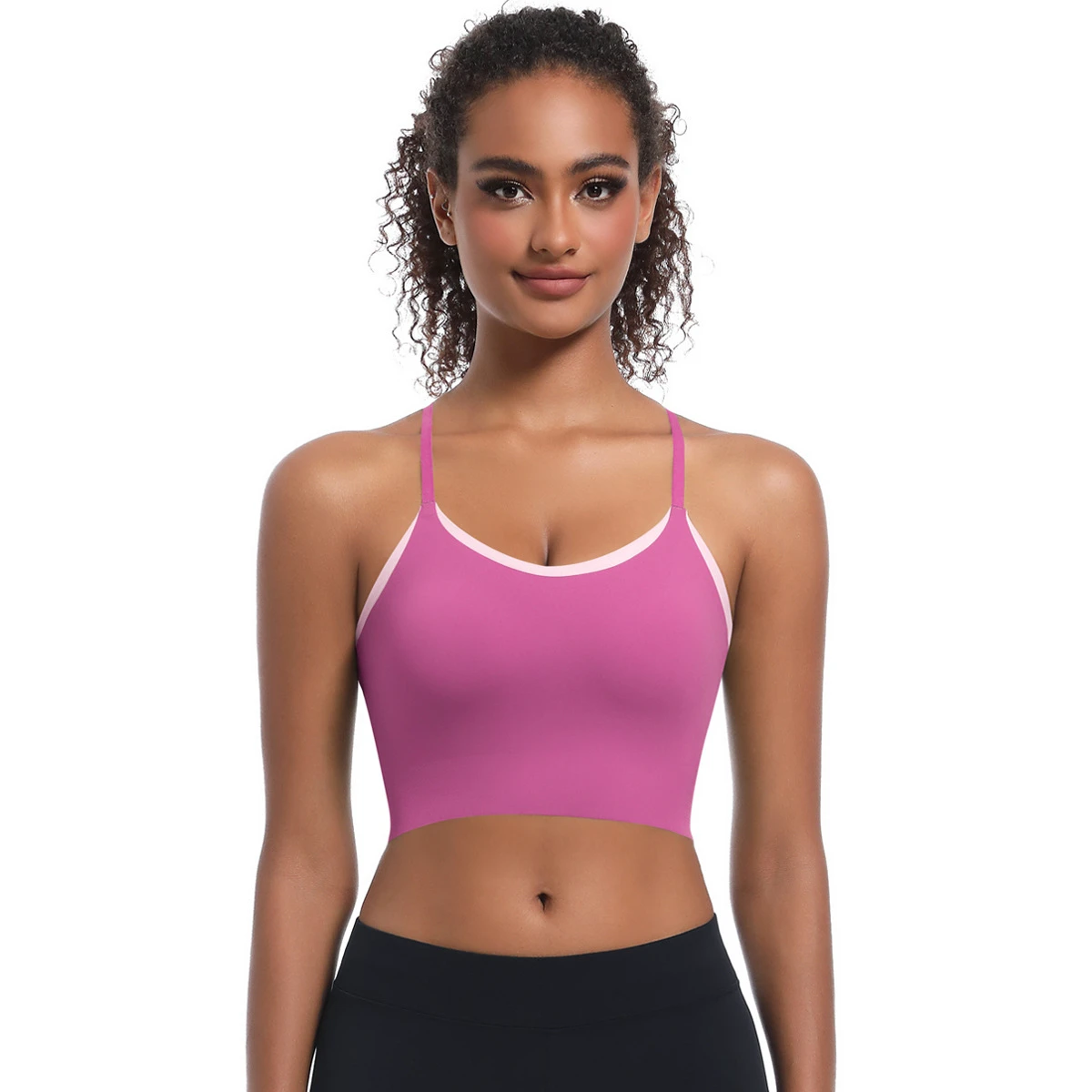 Cross-border Solid-color Double-skin Fusion-style Back Top Integrated Cup Seamed Lightweight High Support Breathable Sports Bra