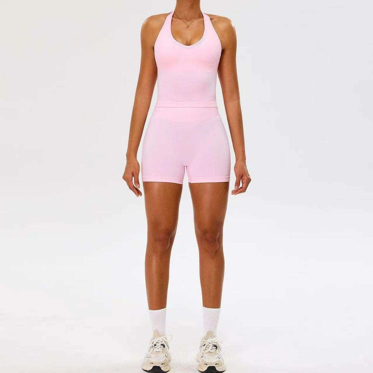 Seamless Halter Neck Tank Top Yoga Top Women's Sleeveless Tops 2 Piece Set Women Clothing Legging Yoga Shorts Gym Fitness Sets