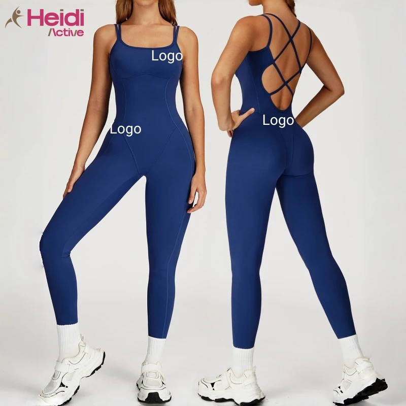 Custom Logo Workout Wear Yoga Suit Breathable Elastic Slim Fit Butt Lifting Ribbed Cross Strap One-Piece Bodysuit Yoga Jumpsuit
