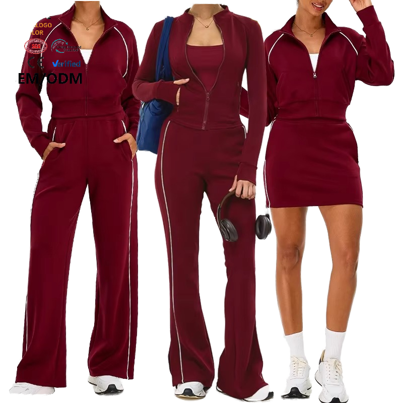Women's Solid Color Block Front Workout Set Elastic Waist Jacket Hoodie Sweatpants Yoga Pants Windproof Gym Athletic Clothing