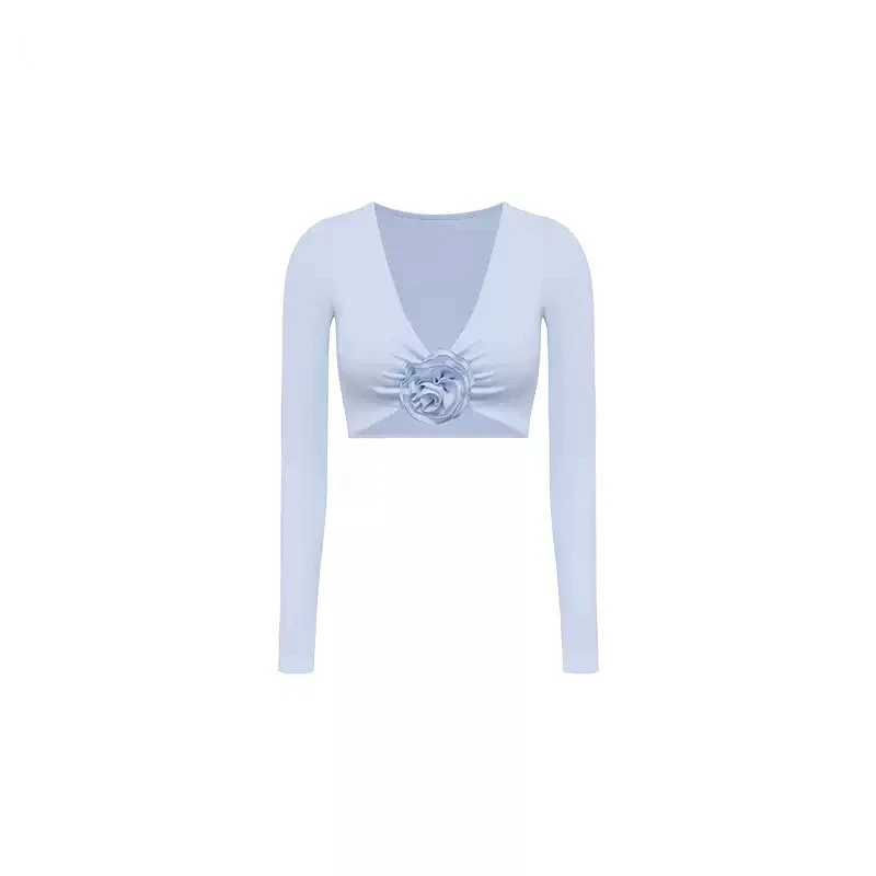 Women's Gym Fitness Crop Top with Flower Design Long Sleeves and V-Neck Breathable Yoga Wear