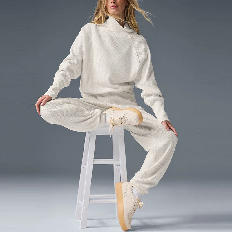 Waffle Turtleneck Pullover Long Sleeve Top Stretchy Drawstring Casual Pants Fitness Yoga Sports Suit Women Winter