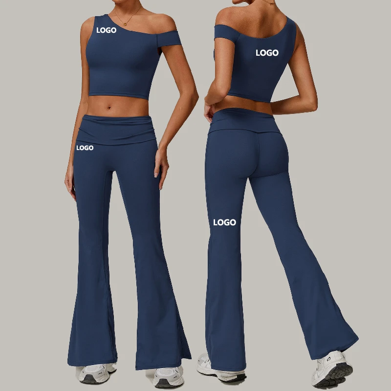 Eco-Friendly Regeneration Sexy Off-shoulder Yoga Suit Wholesale Sports Vest Gym Fitness Running Casual Women's Flared Pants 2pcs