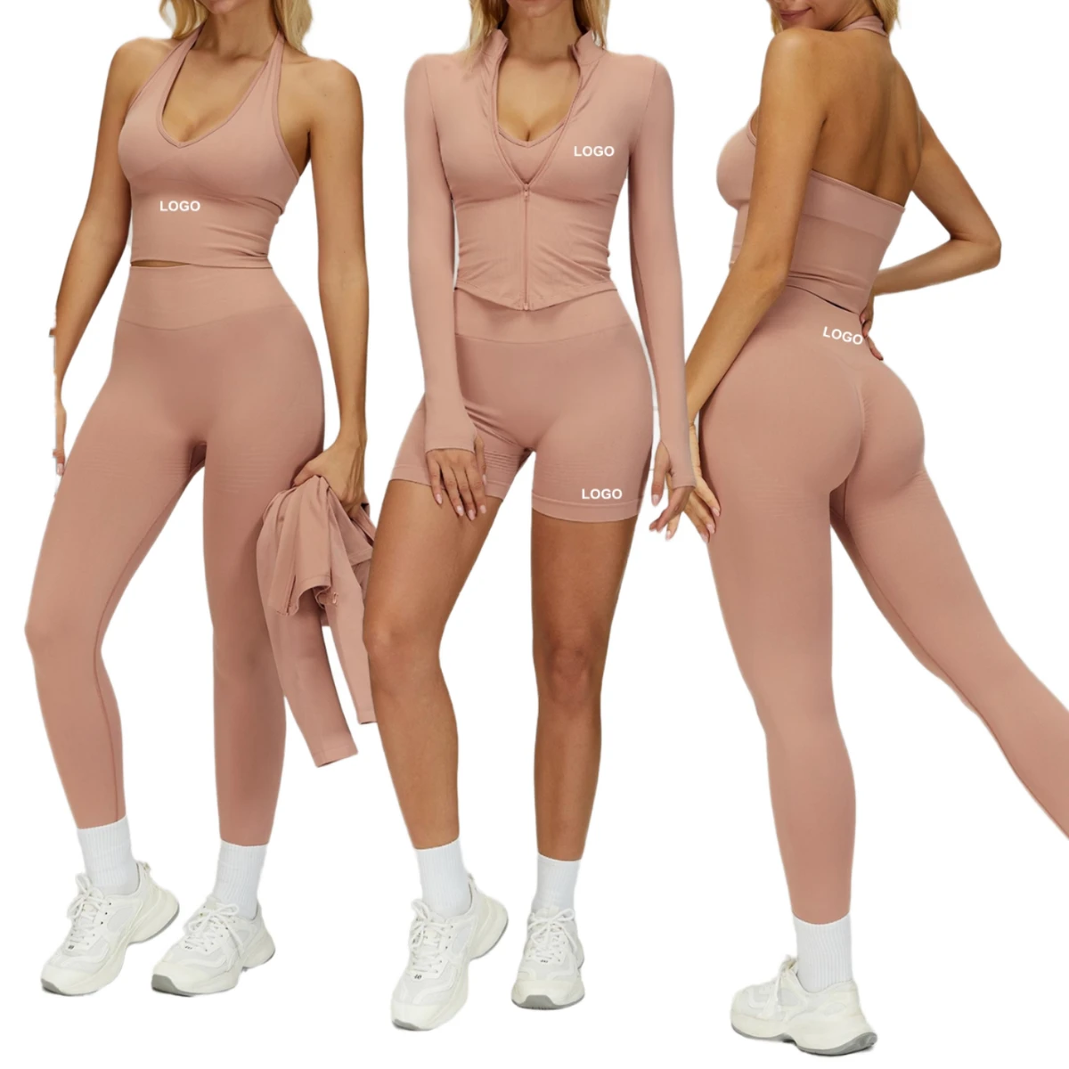 Wholesale Seamless Breathable Plus Size Women's Yoga Set High Waist Butt Scrunch Leggings Sports Tops Elastic Waist Four-Way