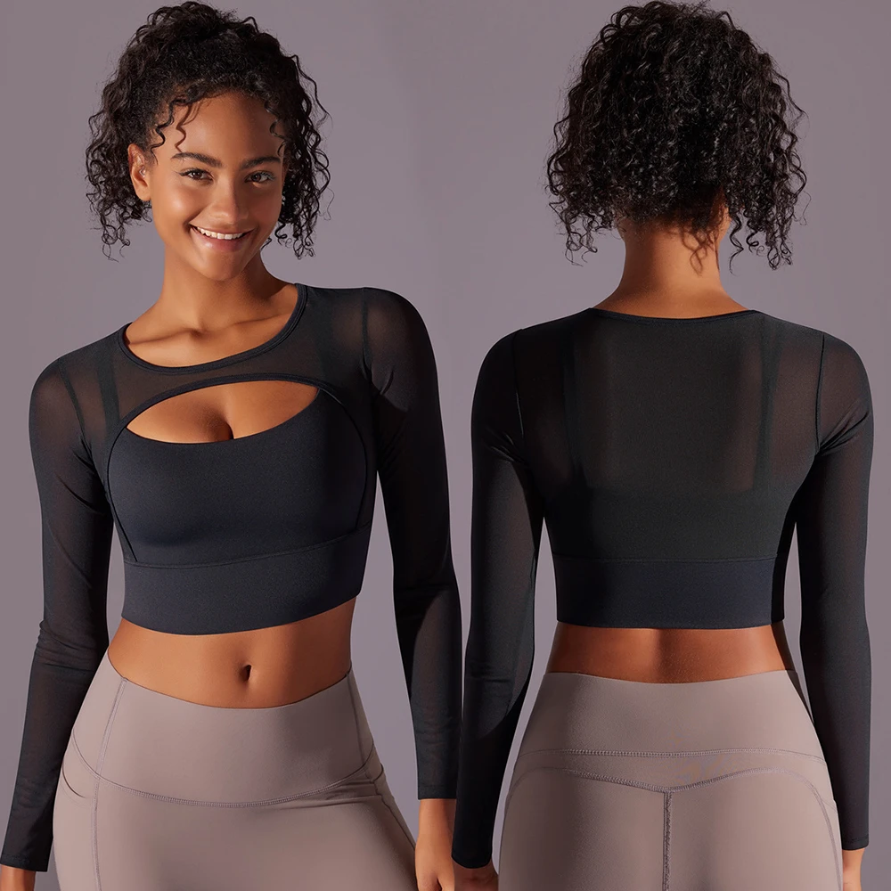 DTL Mesh Translucent Sexy Double Splicing Tight Long Sleeve Tight Stretch Yoga Suit Sports Body Suit Women