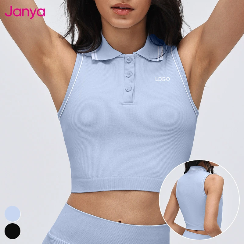 Janya Soft Golf Fitness Tennis Wear Polo Collar Sleeveless Sports Crop Tops Color Blocking Seamless Yoga Tank Top for Women