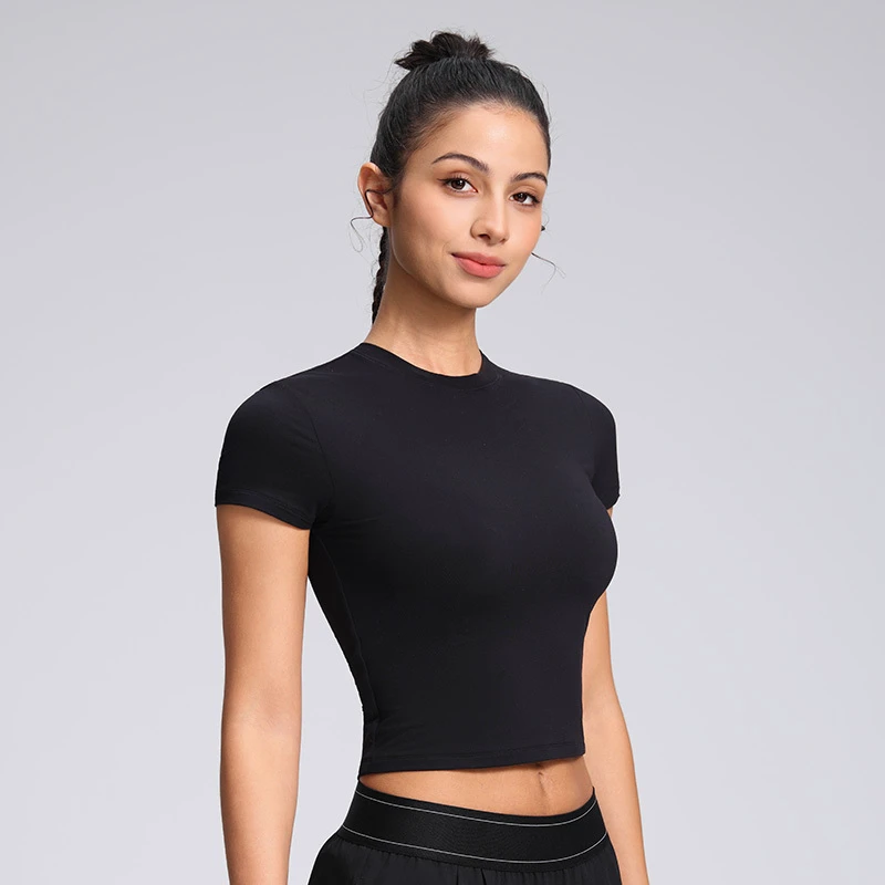 OEM Wholesale Fashionable Sexy Yoga Top Women Round Neck Short Sleeve Gym Shirt Workout Activewear Tight Fitness Wear