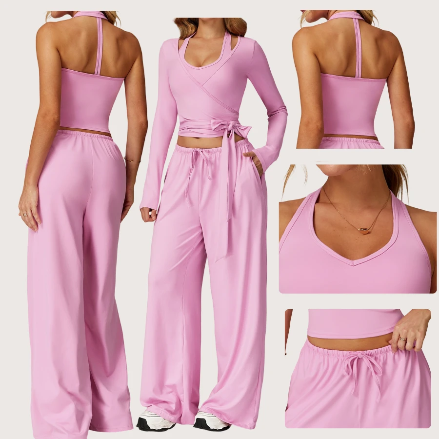 3 Piece Yoga Set Women One Piece Wrap Long Sleeve Tank Wide Leg Pants Quick Dry Activewear Fitness Outfit