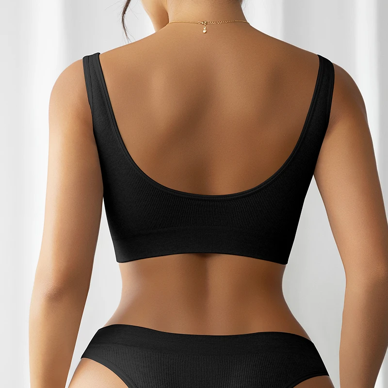 Comfortable Seamless Activewear Crop Top Custom Brand Tag Breathable Wireless Ribbed Gym Sports Bra Ribbed Knit Workout Lingerie