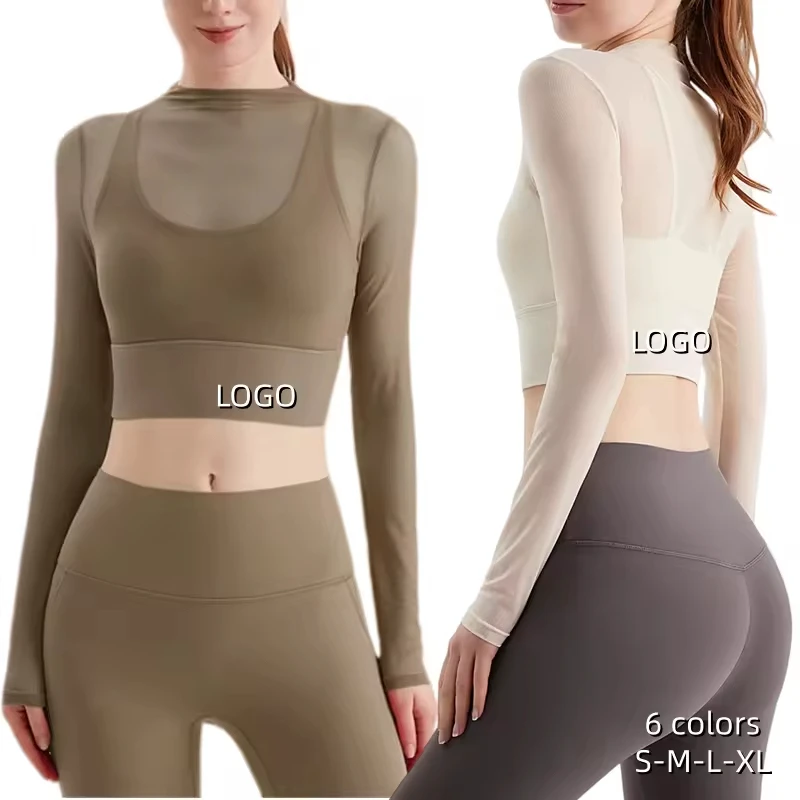 Custom Your Brand Sexy Mesh Breathable Skin Friendly 2 in 1 Long Sleeves Quick Dry Running Yoga Padded Crop Tops