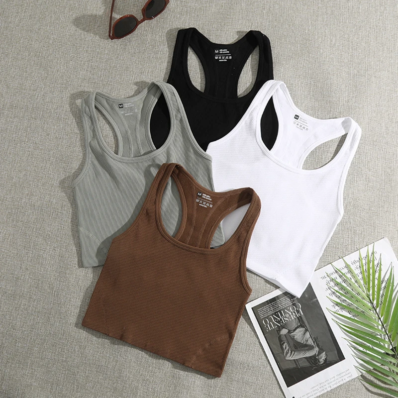 Round-neck Ribbed Knit with Solid Color Trim on the Back Sleeveless Workout Running Yoga Basic tank Top Women's Top