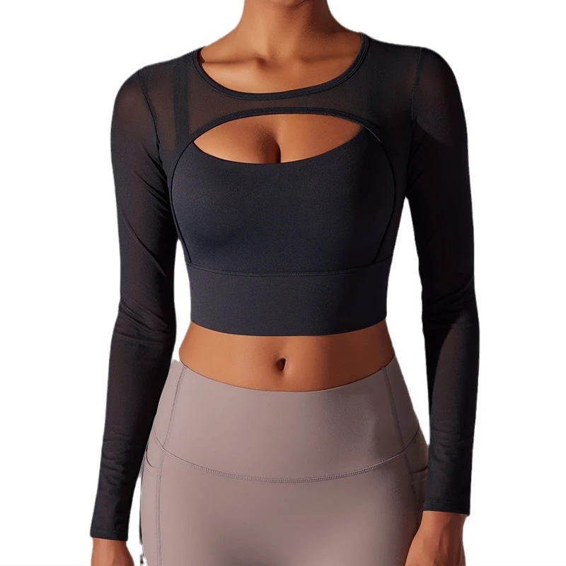 Custom Women's Gauze Translucent Sexy Double Splice Tight Long Sleeve Tight Stretch Yoga Wear Sports Fitness Top