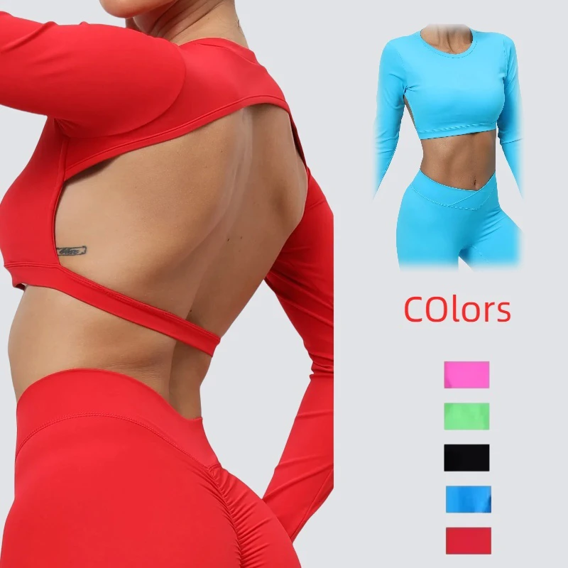 Solid Padded Yoga Top Breathable for Women Long Sleeve Yoga Shirts Workout Top Winter Sports Shirts Open Back Yoga Top Shirts
