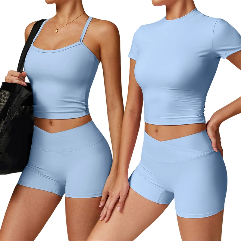 Wholesale Gym Clothes Yoga Shorts and Bra Tank Top 3 Pieces Yoga Set Nylon High Elasticity Shirts Running Workout Sets Women