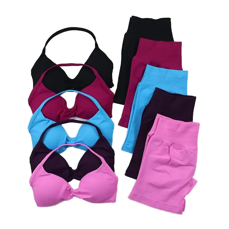 Ruched Seamless Yoga Set Women Sportswear Impact Gym Shorts Strappy Sports Bra 2 Piece Set Halter Workout Clothes Fitness Suit