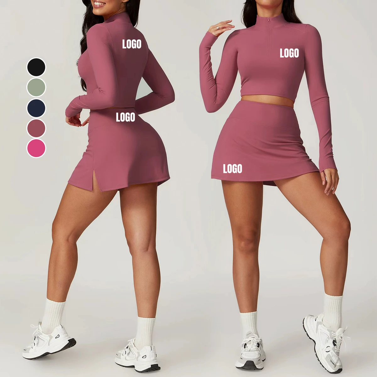 Wholesale Custom Logo Long Sleeves Activewear Breathable Quick Dry Yoga Tops Tennis Skirt Running Training Sports Fitness Sets