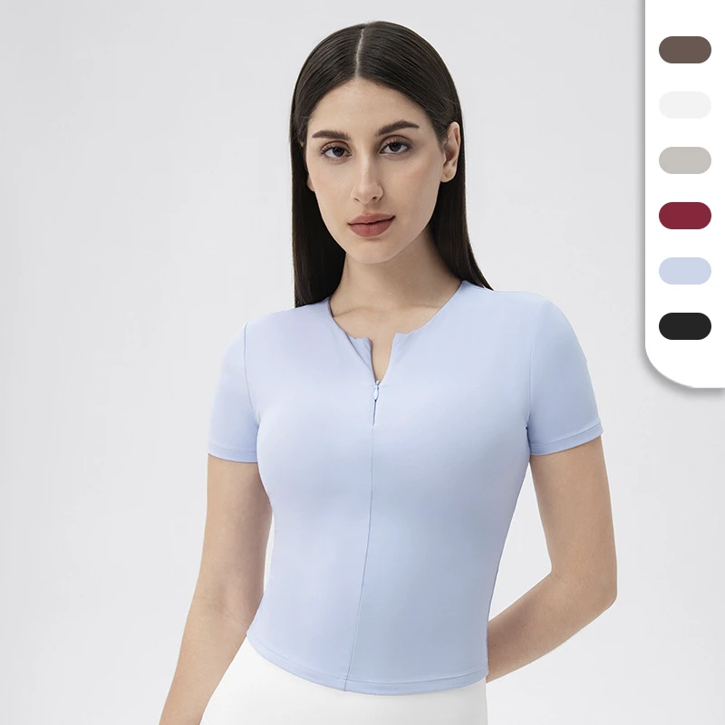 Womens Fitted Short Sleeve T-shirts with Half Zip Closure Sports Wearing Yoga Tops with Breast Pad Custom Logo Stretch Shirts