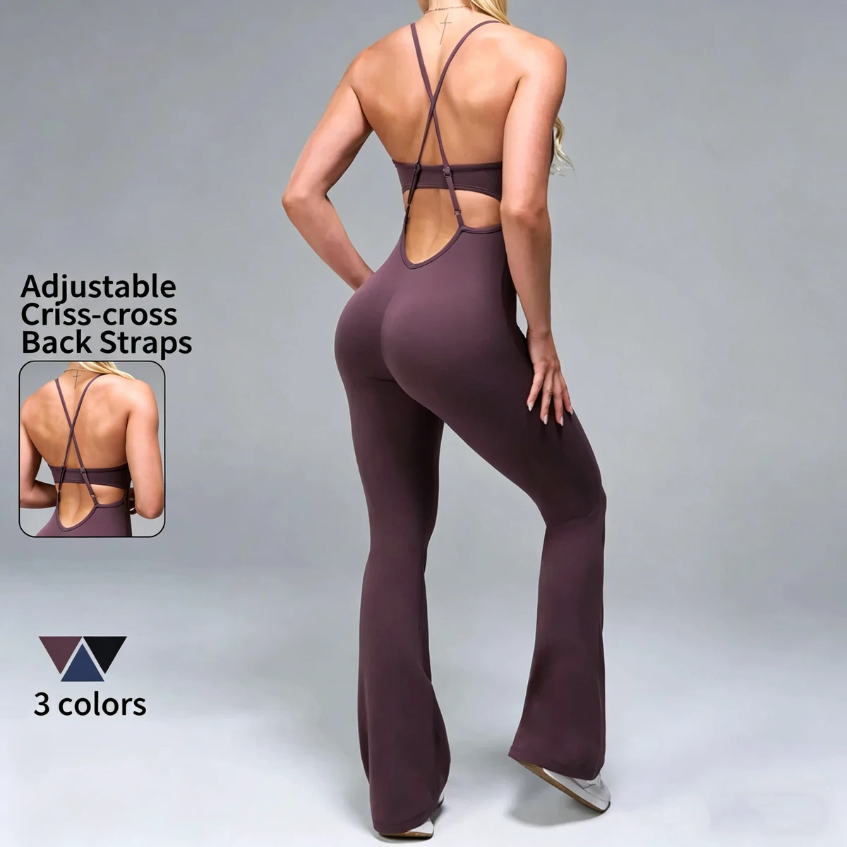 Women's Cross Back Cutout Flare Leg One-Piece Yoga Jumpsuit Breathable Quick-Dry Moisture Wicking Backless Four-Way Stretch