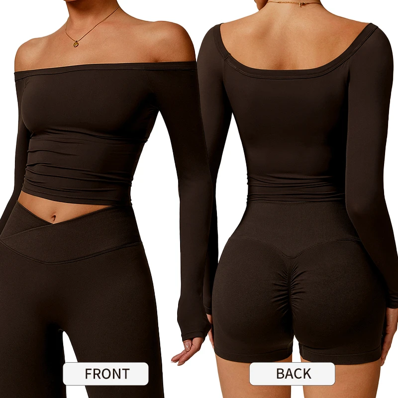 DCX5036 Women's Yoga Long Sleeve T-Shirt Off-Shoulder Brushed Tight Sports Fitness Workout Wear
