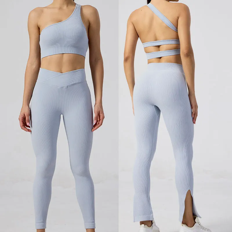 New Nylon Spandex Fitness Clothes 5-Piece Seamless Yoga Sets Outfits High Waist Leggings Gym Bra Ribbed Breathable Plus Size