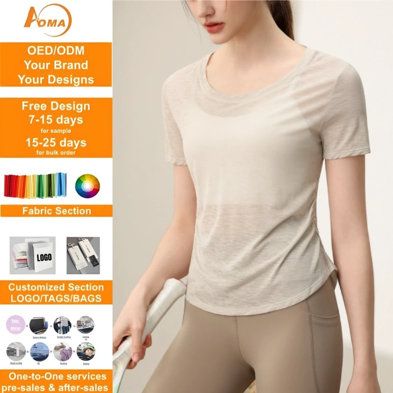 Aoyema Gym Women Top Short-sleeved Women's Flying Waist Slim-fit Breathable 100% Polyester Pilates Fitness Summer Sportswear